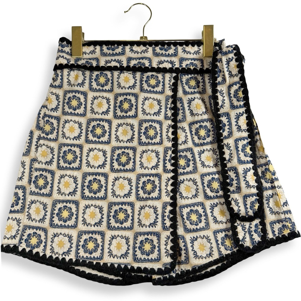 Blue Yellow Mediterranean Tile Print Cotton Faux Wrap Skort Womens XS Boho Fall